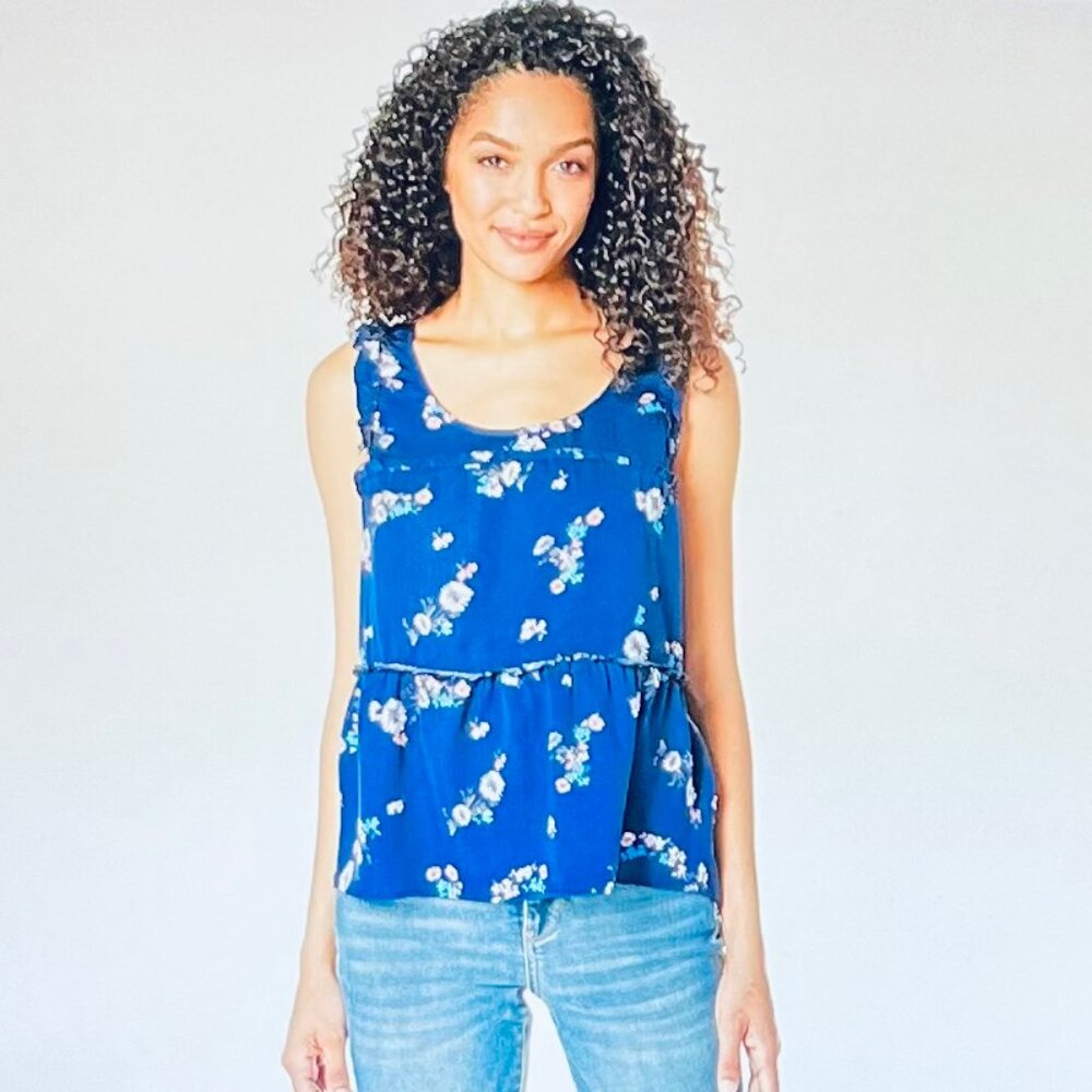 Bobeau Floral Tank Top with Ruffle Tiers in Blue (M) New With Tag